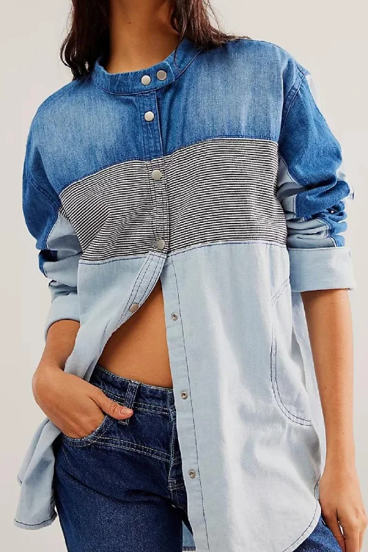 Free People: Moto Color Block Shirt in Blue Combo