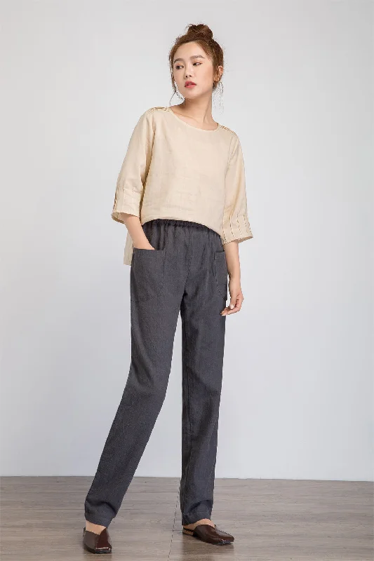 Loose fitting Womens grey linen pants with elastic waist 1930