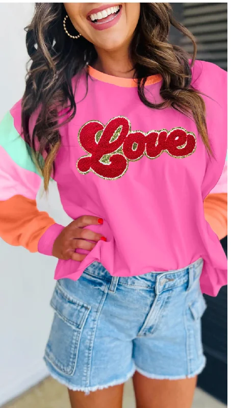 Rose Red Chenille Love Patched Colorblock Long Sleeve Crewneck Top