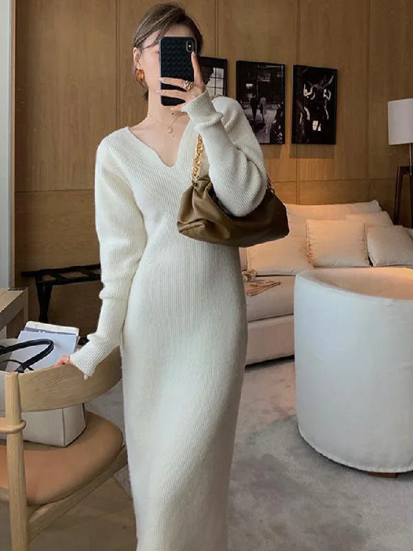 Julia Fashion - Women's Dress Robe V-Neck Sweater Kintted Dresses