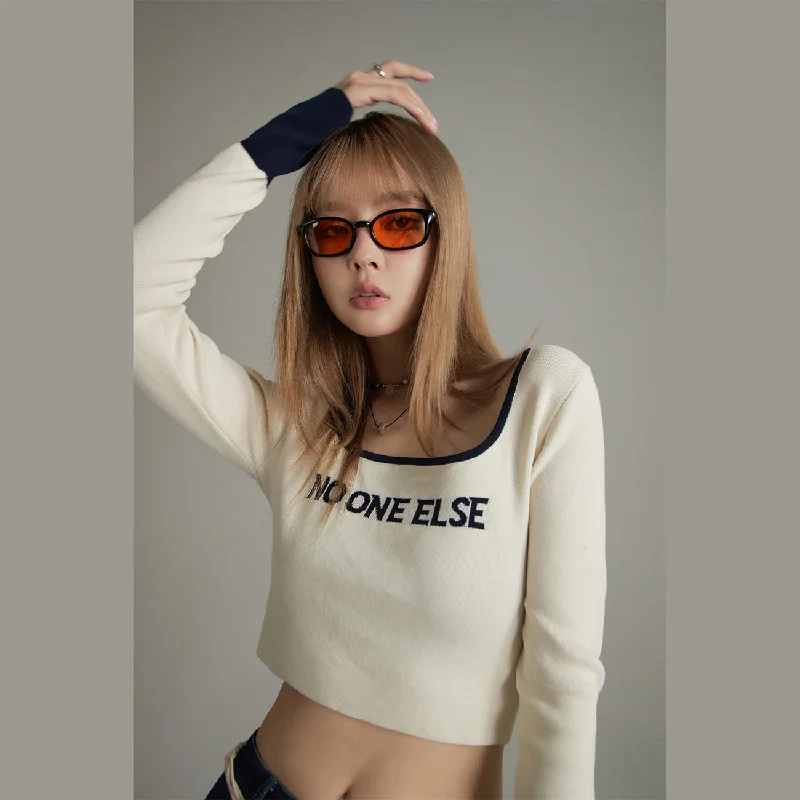 Round Neck Lettering Long Sleeve Crop Knit Top