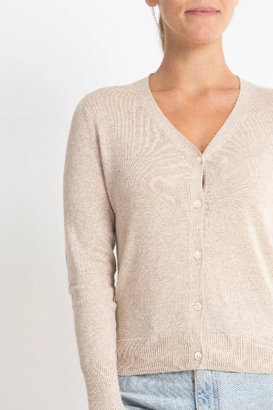 Cotton + Cashmere Superfine V Cardigan in Pale Marle Beige