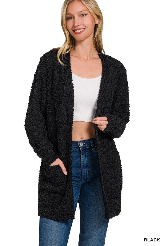 POPCORN CARDIGAN SWEATER - BLACK