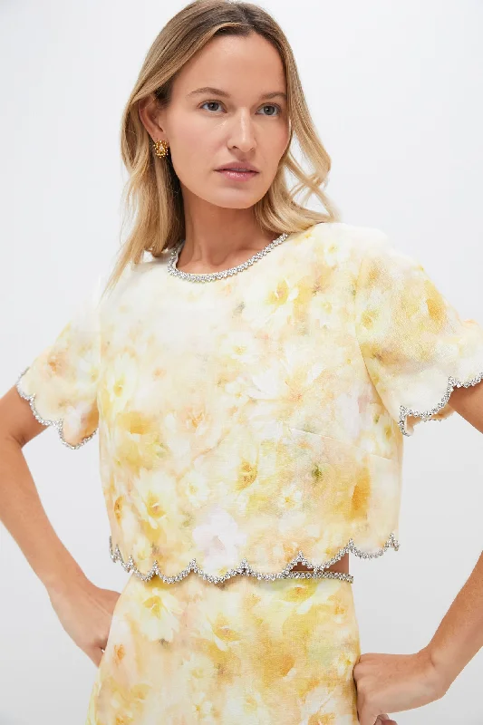 Yellow Floral Crush Scalloped Top