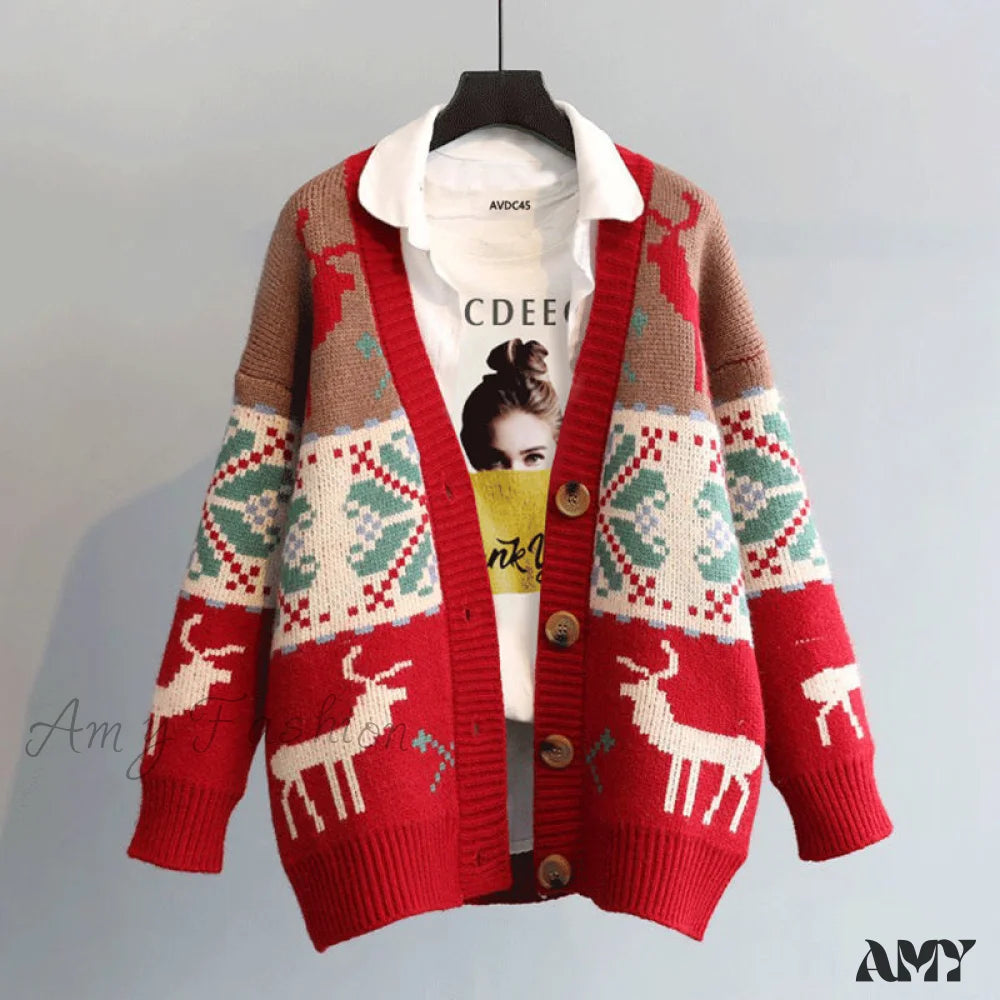 Amy Fashion - Fashion Deer Cartoon Print Sweater