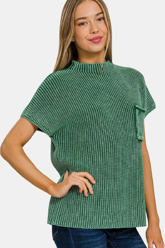 Zenana Washed Mock Neck Short Sleeve Sweater