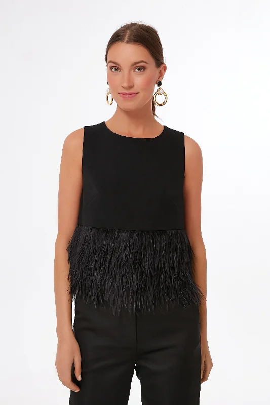 Black Feather Trim Crepe Top