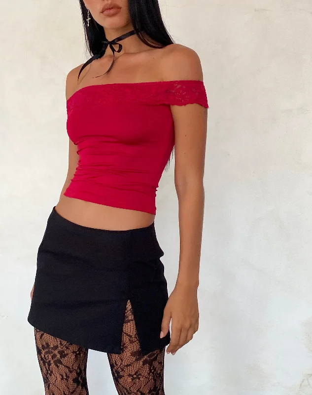 Nesel Bardot Top in Slinky Lace Red