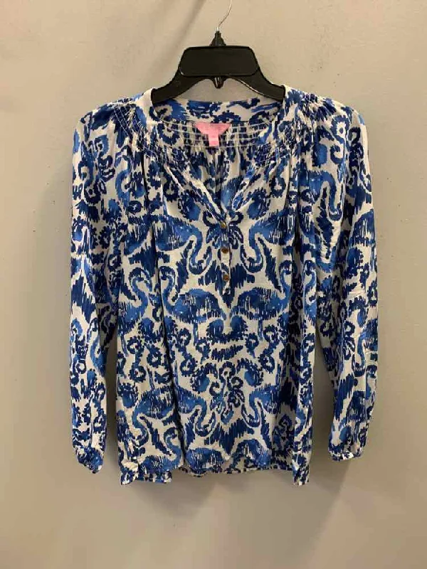 LILLY PULITZER Tops Size XS BLUE/WHT FLAMINGO LONG SLEEVES TOP