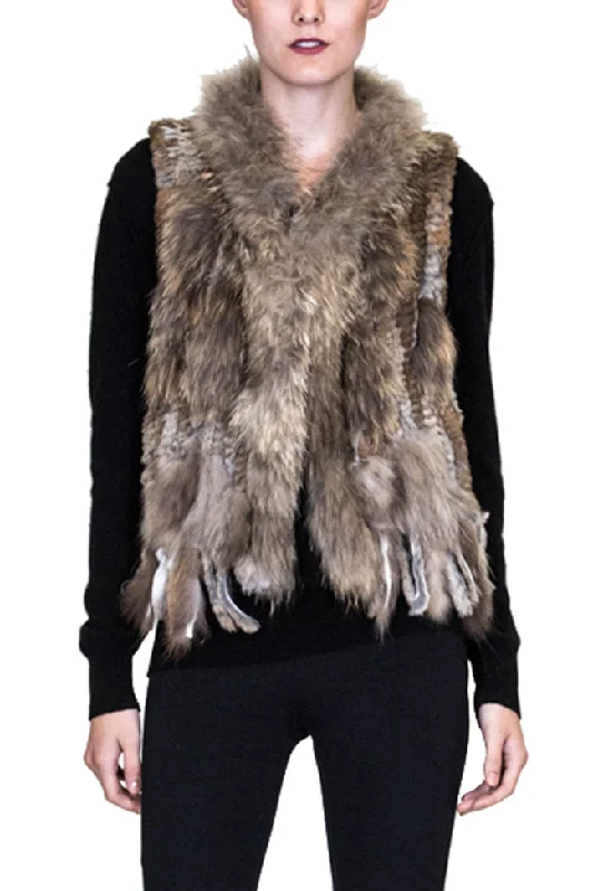 ESPERANZA - Knitted Rabbit Vest with Raccoon Trim and Fringe