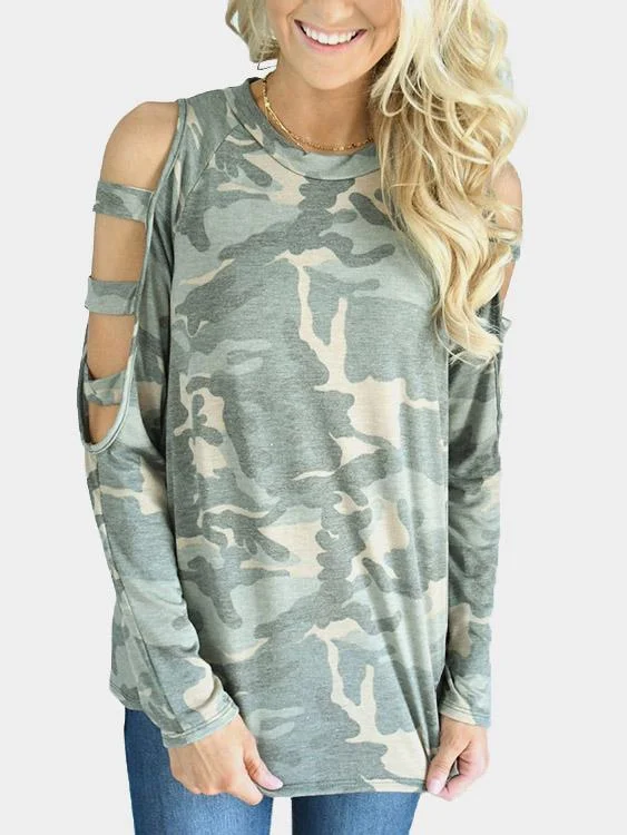 Custom Round Neck Camouflage Cut Out Long Sleeve Green T-Shirt