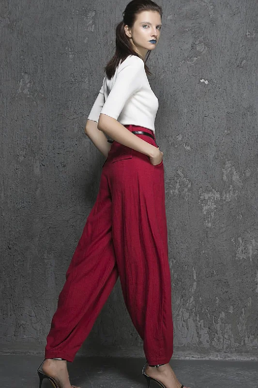 Red linen pants maxi pants women pants 1336#