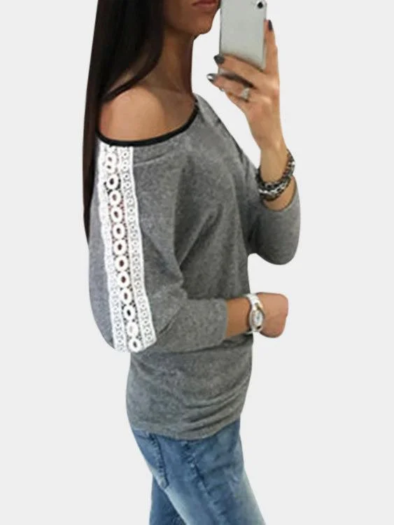 Wholesale Grey One Shoulder Long Sleeve Plain Lace T-Shirts