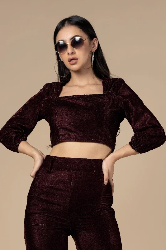 Maroon Square Neck Velvet  Crop Top For Women