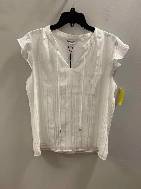 Size L CALVIN KLEIN WHT/SLVR CAP SLEEVE Stripe TOP