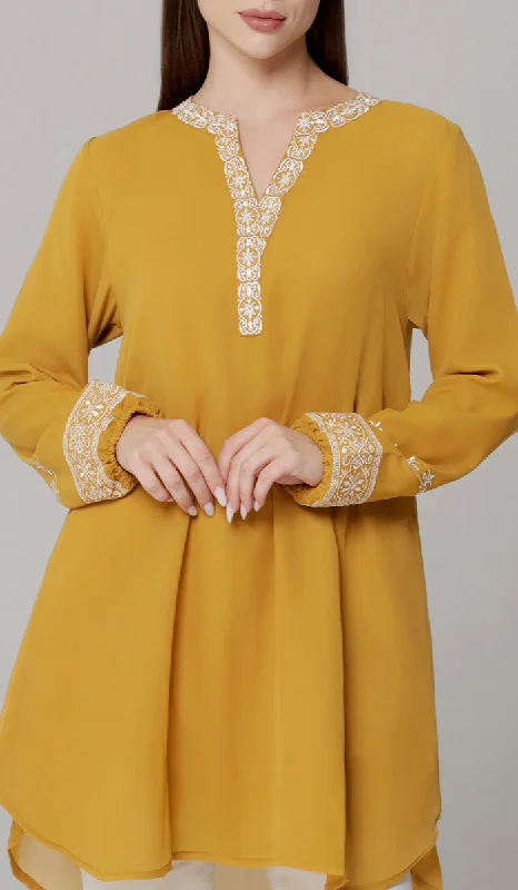 Amalie Embroidered Long Modest Tunic - Saffron