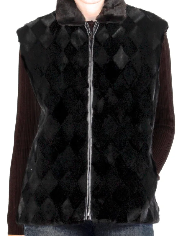 REVERSIBLE BLACK DIAMOND CUT SHEARED MINK FUR SECTIONS & LAMBSKIN LEATHER VEST