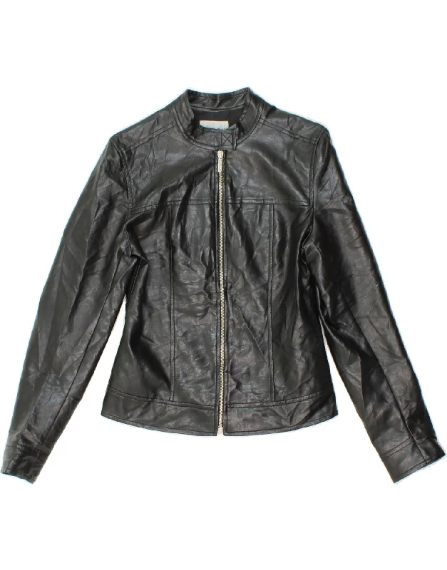 ONYX Womens Faux Leather Bomber Jacket UK 10 Small Black Polyvinyl