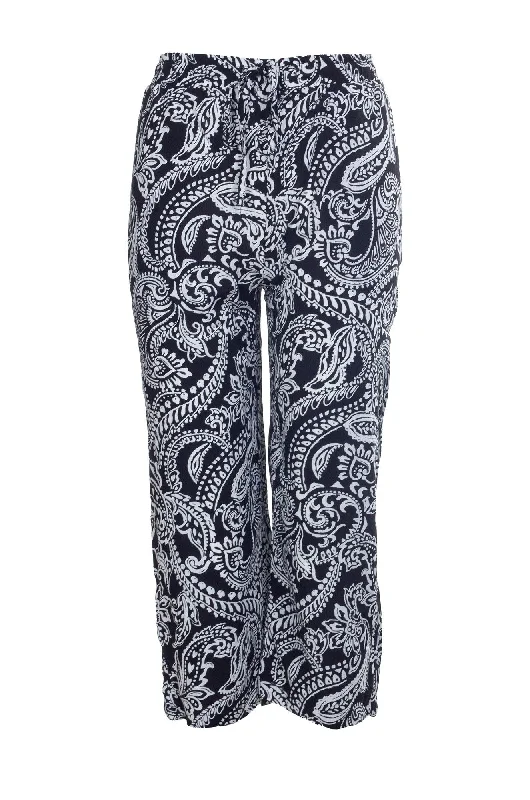 Printed Rayon Mid Calf Pants | BLACK WHITE PAISLEY | 7333A1