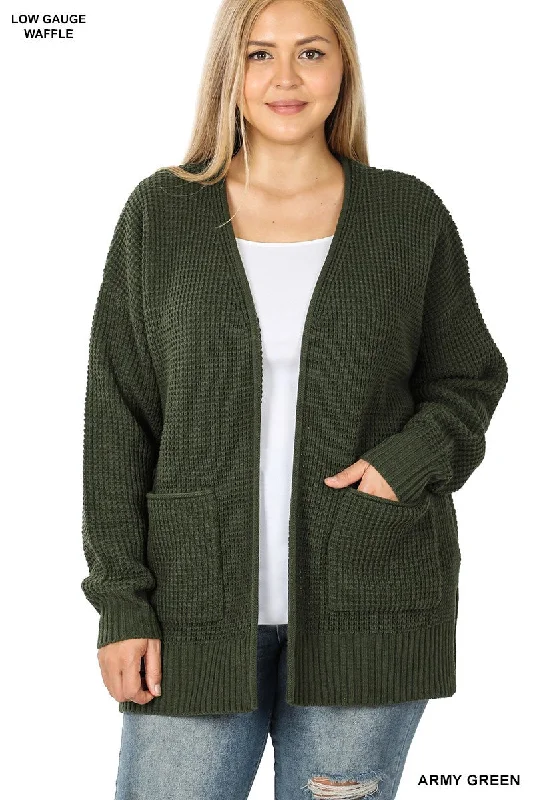 CURVY - WAFFLE OPEN CARDIGAN SWEATER - ARMY GREEN