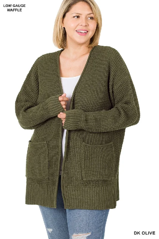 CURVY - WAFFLE OPEN CARDIGAN SWEATER - DARK OLIVE