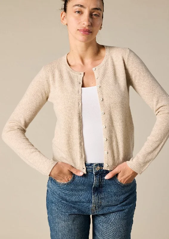 Cashmere Ines Crew Cardigan in Pale Marle Beige