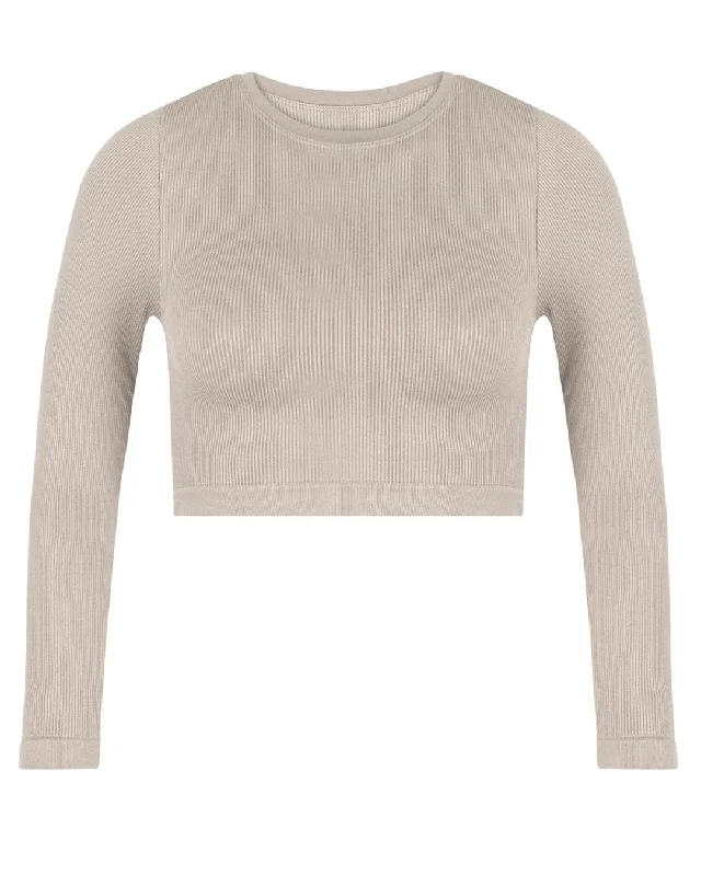 EVOKE Ribbed Long-Sleeve Crop Top | Taupe