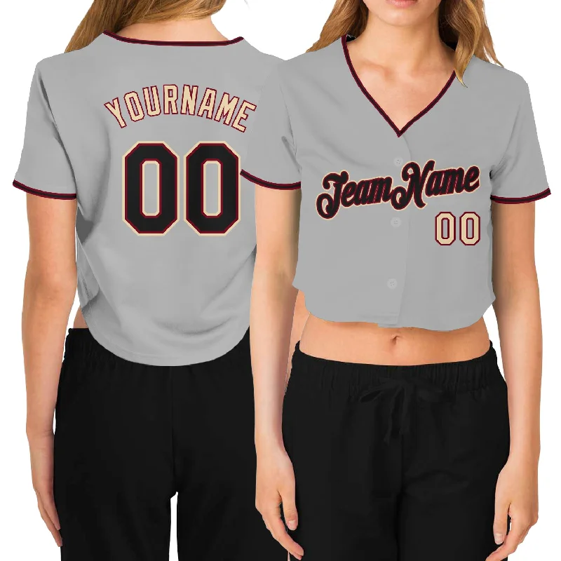 Custom Women's Gray Black Crimson-Cream V-Neck Cropped Baseball Jersey