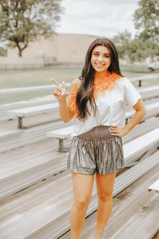 Queen Of Sparkles: One Shoulder Feather Tee in White & Orange