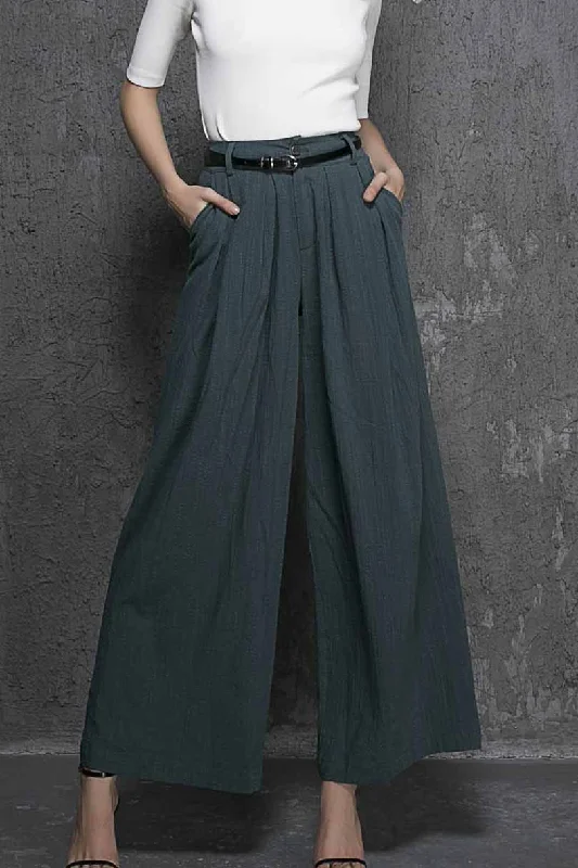 Green linen maxi Palazzo pants 1338#