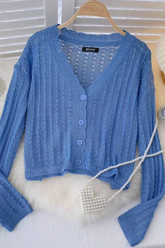 Knitted cardigan thin hook flower hollow out long sleeve  1583