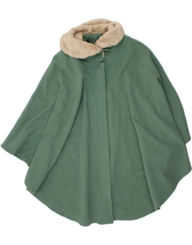 VINTAGE Womens Poncho Coat UK 14 Medium Green Wool