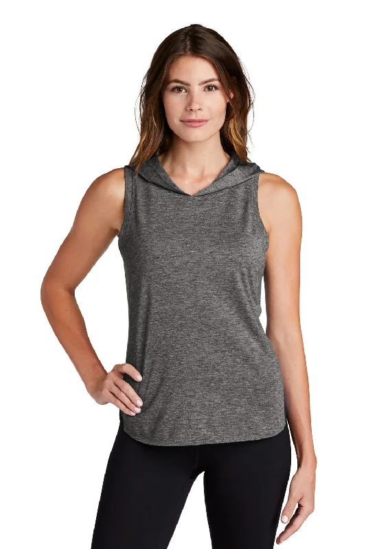 Sport-Tek Womens Draft Moisture Wicking Hooded Tank Top Hoodie - Black/Heather Dark Grey