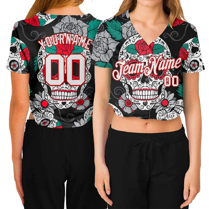 Custom Women's Graffiti Pattern White-Red Skull Fashion 3D V-Neck Cropped Baseball Jersey