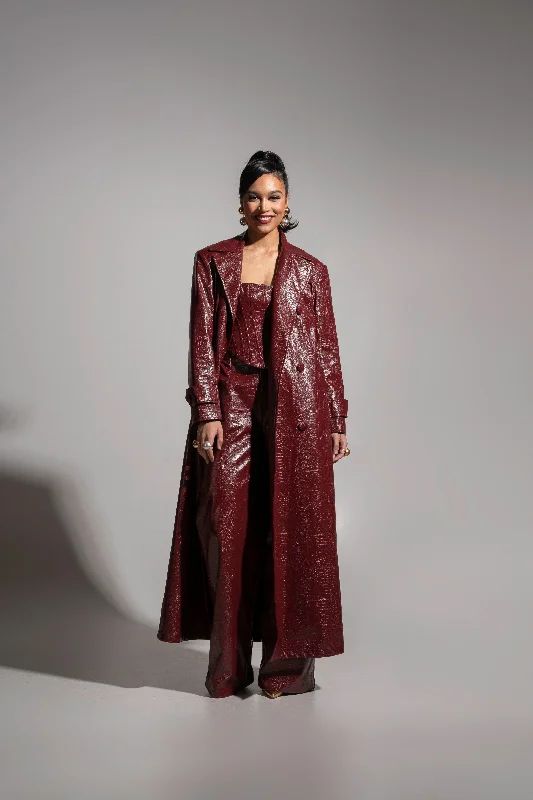 ONO Faux Leather Trench jacket in Burgundy