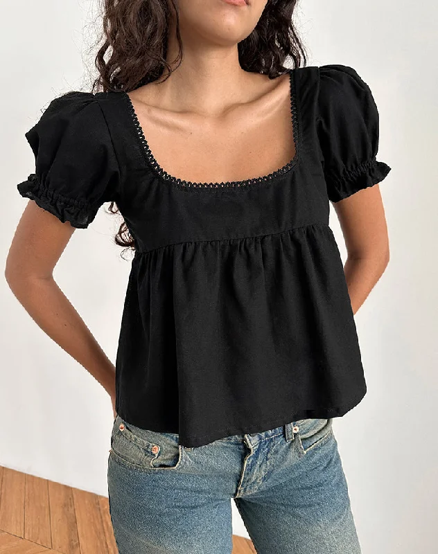 Axoni Square Neck Blouse in Linen Black